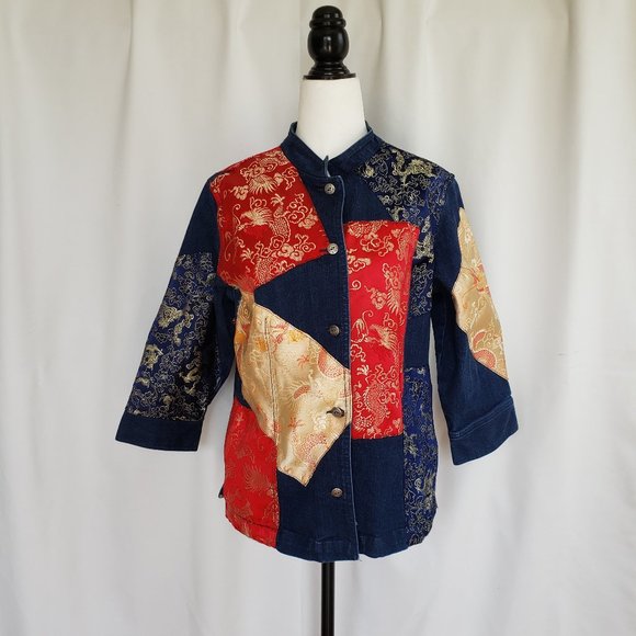 Nygard Sport Asian streetwear Stretch denim with satin patches Jacket Bohemian - Picture 1 of 10